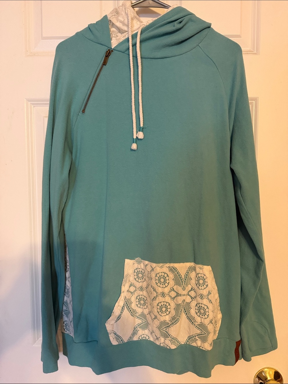 AMPERSAND Teal Hoodie with Cream Lace Pocket